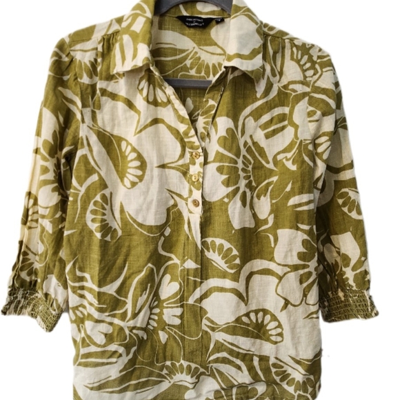 Mlle Gabrielle Tops - Olive Floral Button-Up Women's Top